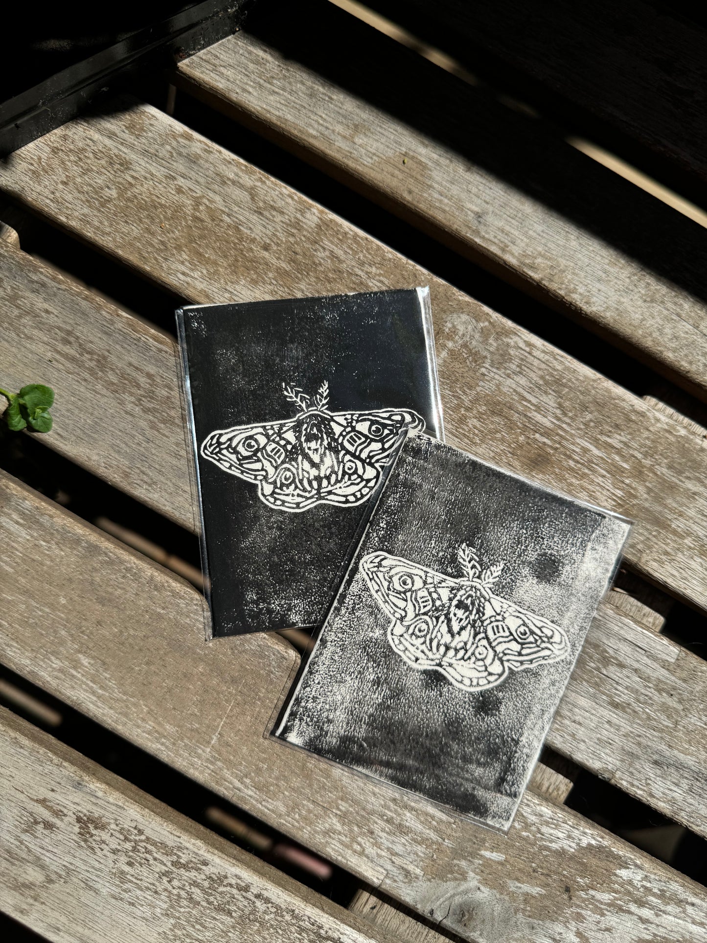 small handprinted moth card
