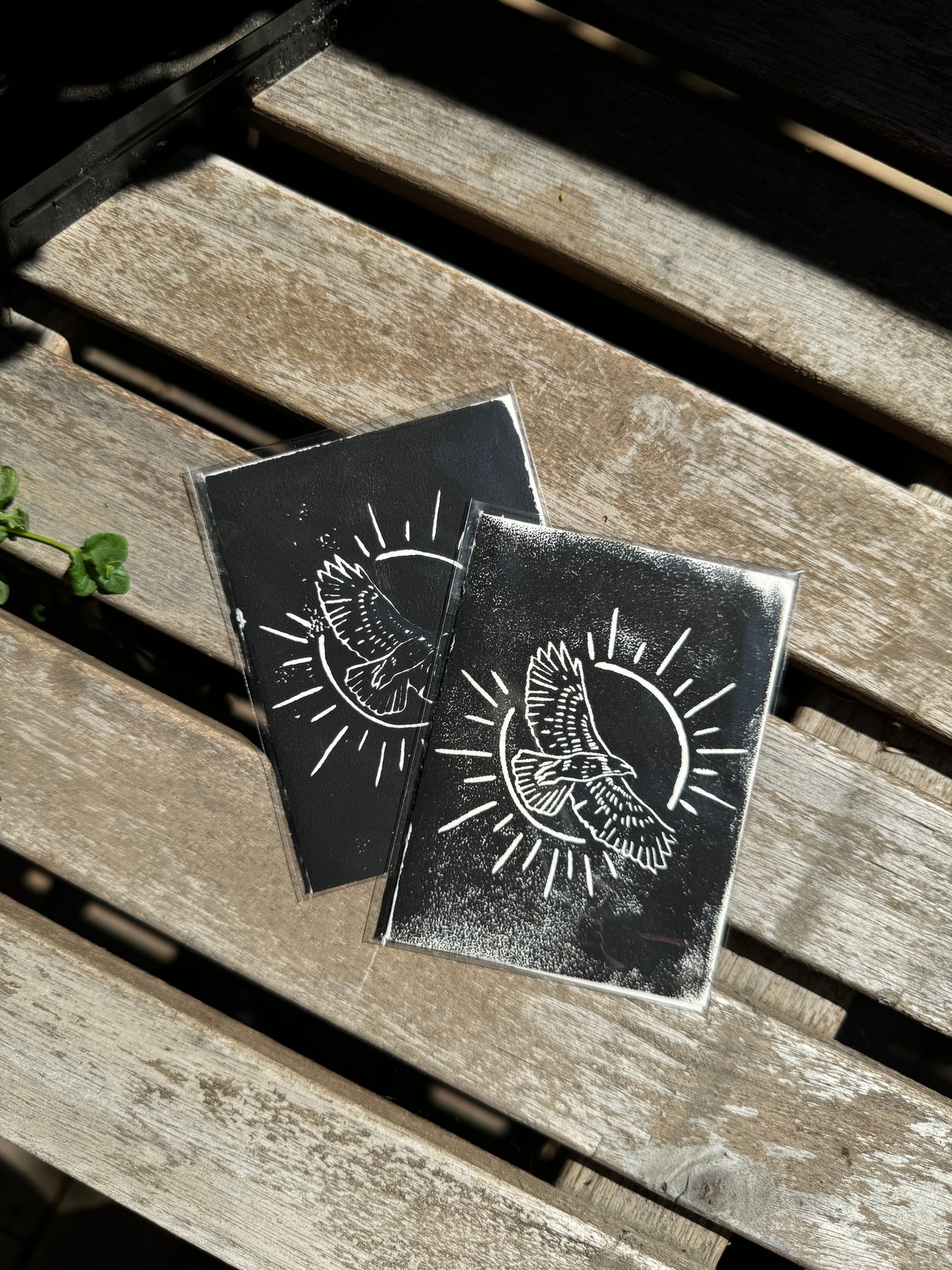 small handprinted hawk card