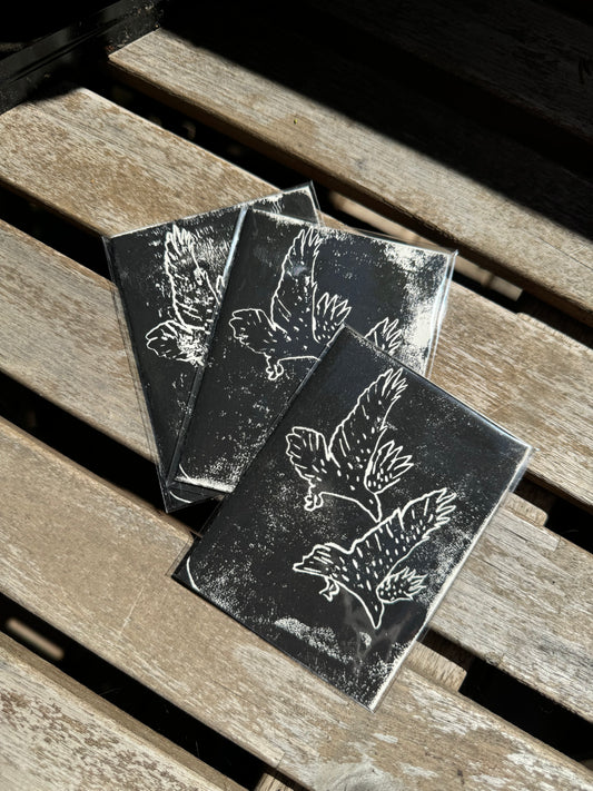small handprinted crow card