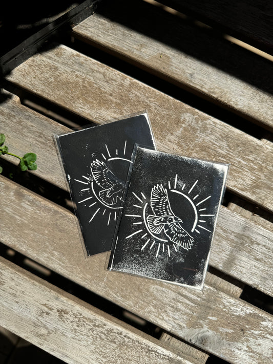 small handprinted hawk card